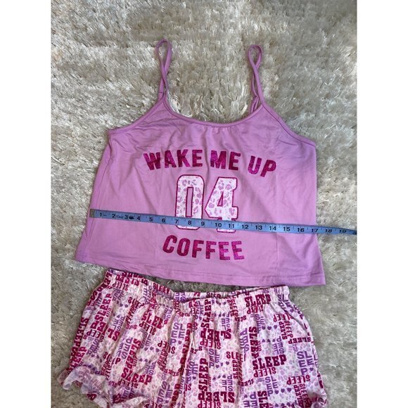 Coffee Wake Me Up PJ Short Set Pink and white Cropped Tank Size Large RefFNB - Picture 6 of 7